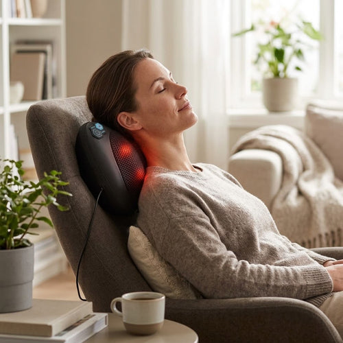 Mujer relajándose en un sillón con el cojín masajeador shiatsu Cervia en el cuello