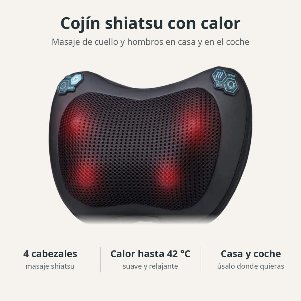 Cojín shiatsu con calor: 4 cabezales, calor hasta 42 °C, para casa y coche